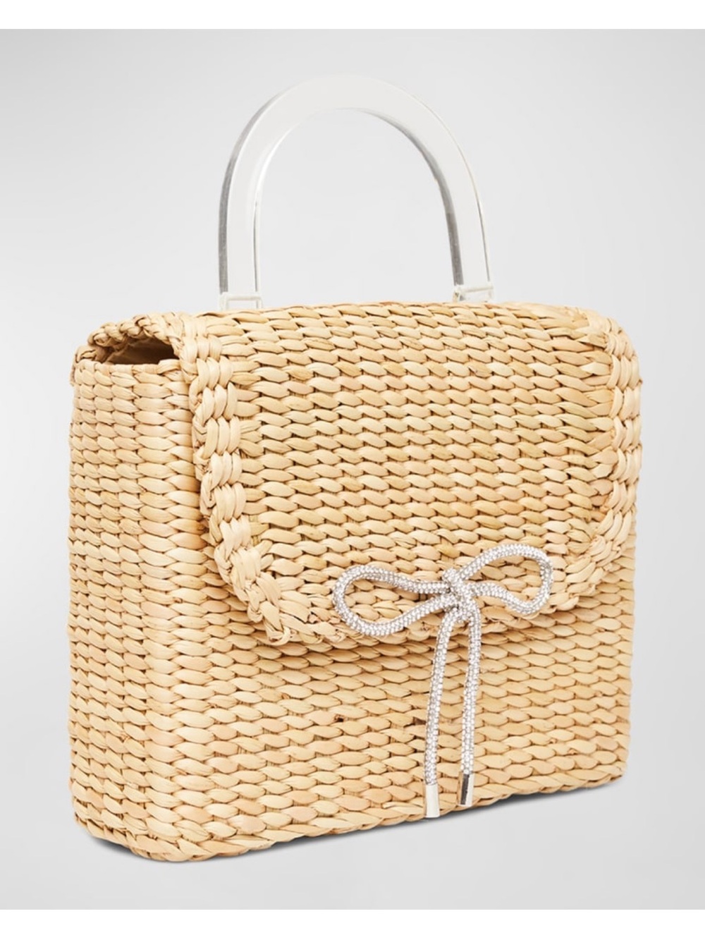 Natural Woven Mini Box Bag with Rhinestone Bow Accent